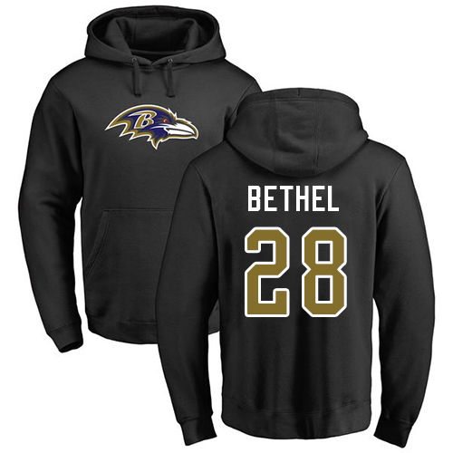 Men Baltimore Ravens Black Justin Bethel Name and Number Logo NFL Football #28 Pullover Hoodie Sweatshirt